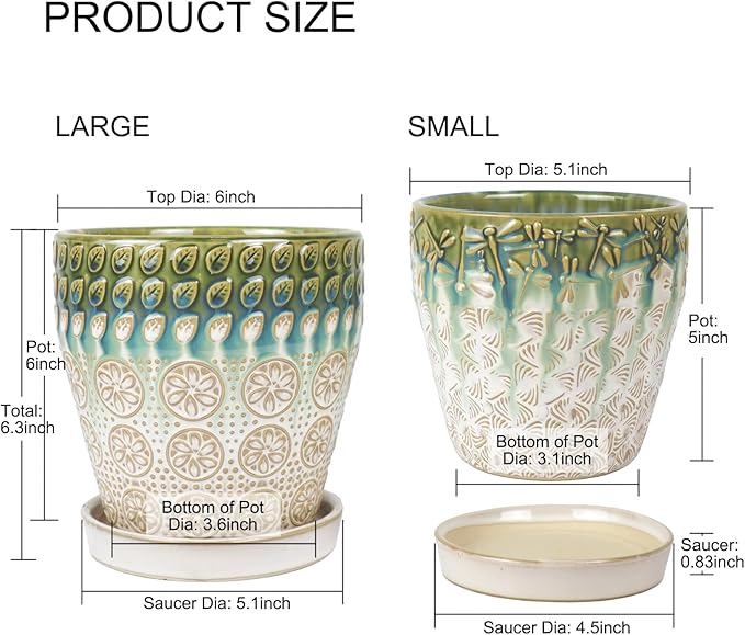 YQSLYSF 6 Inch + 5 Inch Ceramic Planter with Drainage Hole and Saucer for Plants, Indoor-Outdoor Round Succulent Orchid Garden Flower Pot - Set of 2
