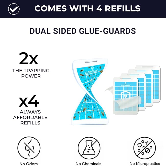 GlowGuard-X Rechargeable Indoor Fly Trap & Gnat Killer, Multi-Purpose Mosquito Trap and Shockless Indoor Bug Zapper, Includes 1 Device + 4 Glue-Card Refills, 40hr Battery or Plug-in 24/7, White