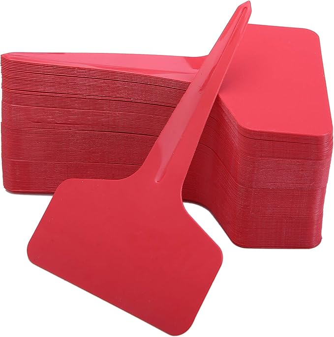 100 Pcs T-Type Plant Labels with a Gel Pen, Waterproof Nursery Plant Tags Plastic Garden Markers, Red, 6 x 10cm