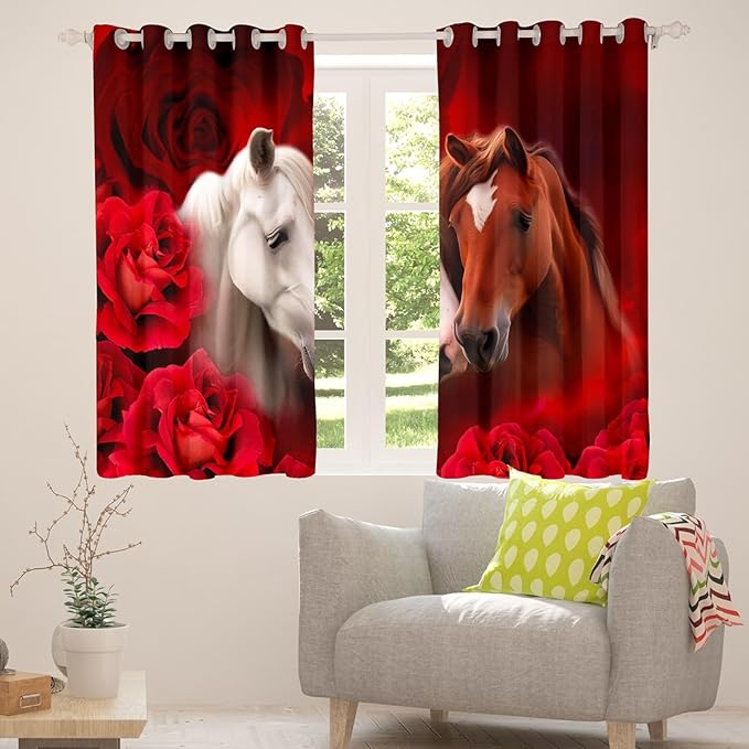 Brown White Horse Blackout Curtains 2 Panels 38"Wx54"L,3D Farm Animal Curtains & Drapes,Southwestern Wildlife Window Treatments,Black Red Rose Romance Flower Window Curtains Nature Safari Themed Decor