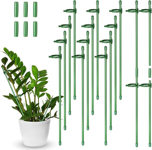 meekoo 12 Pcs Adjustable Garden Plant Support Stakes Single Stem Plant Cage Support Rings with Clips and Connect Pipe for Orchid Rose Tomato, 12 Inch (Green)