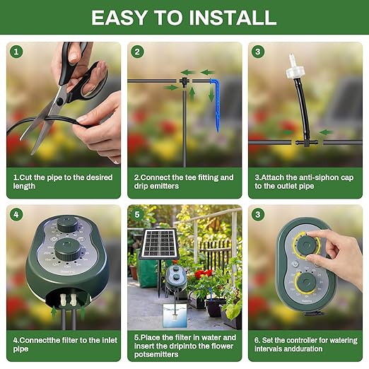 50FT Solar Automatic Drip Irrigation Kit System, Smart Self-Watering System with USB Charging for Outdoor Indoor Use, 2200mAh Automatic Watering System Supports 15 Pots for Garden, Balcony & Patio