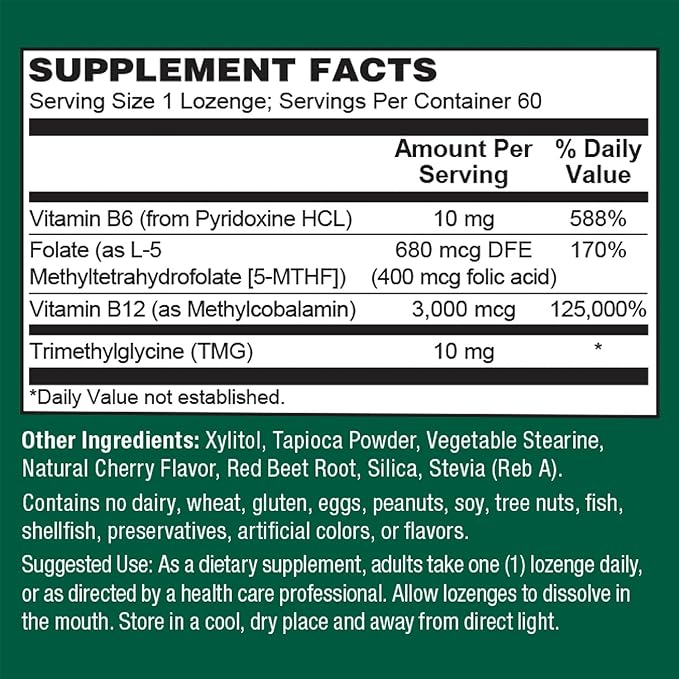PlantFusion Vegan B12 Methyl 3000 mcg + Folate 400mcg - Sublingual Vitamins - Supports Energy, Heart Health, Nervous System - Cherry Flavor, 60 High Potency Lozenges for Fast Absorption