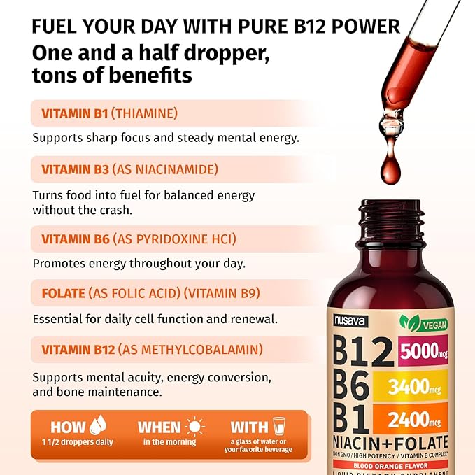 (2 Pack) Vitamin B12 and B6 Liquid Drops, B12 Sublingual Vitamin B Complex - B 12 Vitamin 5000mcg - B12 Methylcobalamin for Energy, Brain, Heart Support with 27,200 mcg, Crimson Orange, 80 Servings