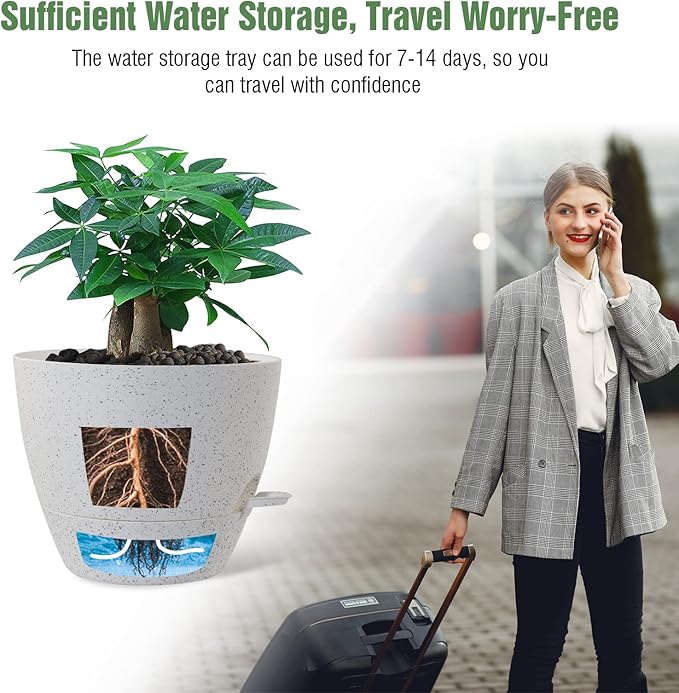 UOUZ 12 inch Large Self Watering Pots, Plastic Planters with 60oZ Removable Deep Reservoir and Multi Mesh Drainage Holes for Indoor Outdoor Garden Plants and Flowers, White Speckles
