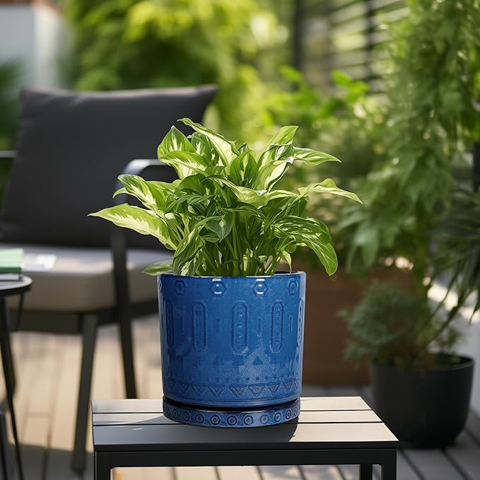 Eightpot 10 Inch Plant Pot - Ceramic Planter Outdoor Plant Pot Indoor with Drainage Holes and Saucer Large Flower Pot Round Decorative Planter for Garden Patio Decor Blue