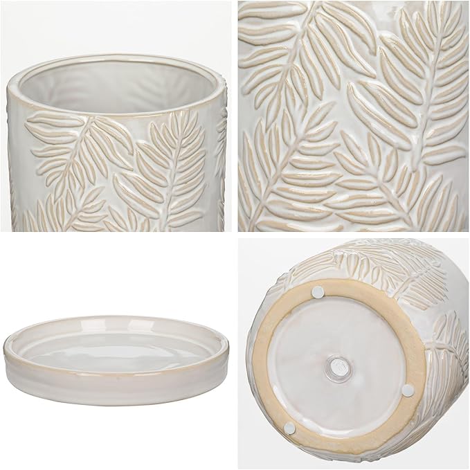 GnFlus 5.5 Inch Ceramic Planter Pots with Drainage Holes, Saucers for Indoor-Outdoor Plants, Succulent Orchid Flower Large Round Plant Pot Lvory White
