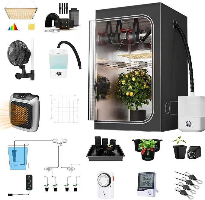 4X4 Grow Tents Kit Complete, 25 Enhance Large Grow Tents Complete System for Indoor Plants,Tent+LED Light+Fan Filter Sets+Clip Fan+HUMIDIFER+Heater+DRIP Sets (48X48X72 Grow Tent KIT)