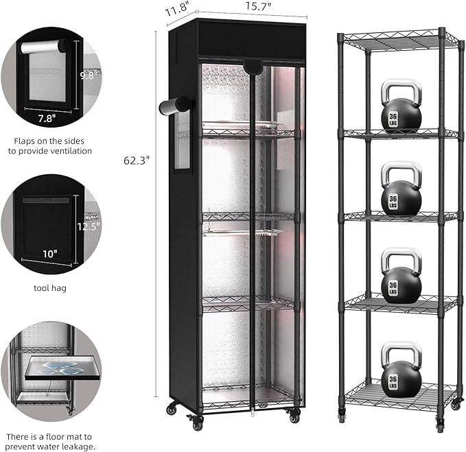 Indoor Greenhouse with Grow Light, 5 Tier 15.7" L×11.8" W×62.3" H growtent with Lights, with 48W Full Spectrum Growing Lamps，Metal Indoor Plant Enclosure for Seed Starting