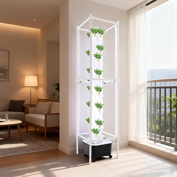 Hydroponic Growing System Kit - 70 Pods Large Vertical Hydroponics Tower with 8 LED Light Strips, 14-Tiers Smart Indoor Herb Garden for Kitchen Office Winter Balcony Planting (White)