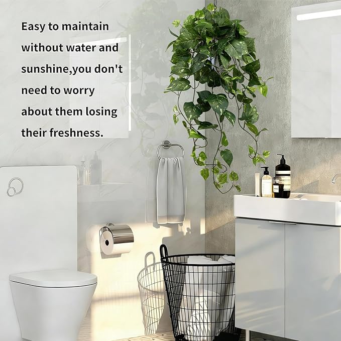 LOYWREE 32 Inch Fake Plants Artificial Plants Indoor Artificial Scindapsus Aureus Realistic Hanging Plants Potted Aesthetic Fake Pothos for Home Office Shelves Bedroom Bathroom Decor（White Pot）