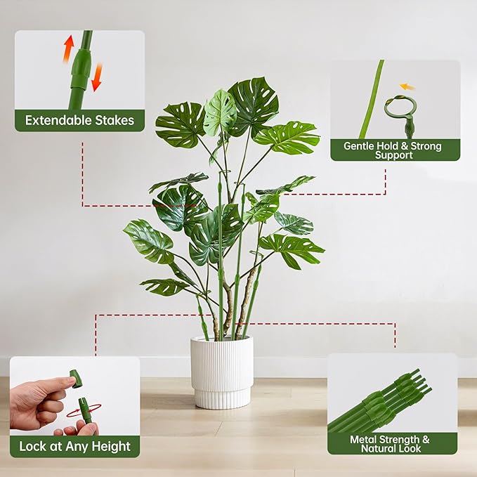 Yhtpouqe 3 Pack Extendable Plant Stakes, 16.5-42.5 Inch Plant Stakes for Indoor Outdoor, Adjustable Monstera Plant Support Sticks with Clips for Clombing Plants, Vine, Orchid, Tomato, Vegetables