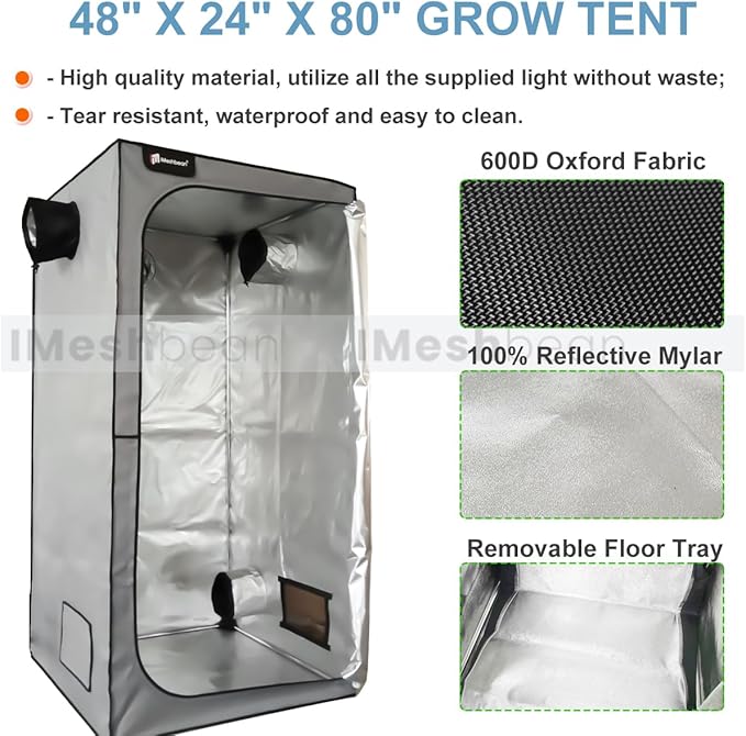 Grow Tent Kit, Complete 4x2 ft High Reflective Mylar Hydroponics Indoor Plant Growing Tent with LED Grow Light Ventilaion Fan Growing System+Accesseries (48" x 24" x 80" - Gray)