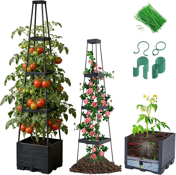 Lancisism Raised Garden Bed Tomato Planter with Trellis - 57" Self Watering Planters Box for Climbing Plants Vegetables Flowers - Garden Tomato Pots with Cage for Patio Greenhouse Indoor Outdoor