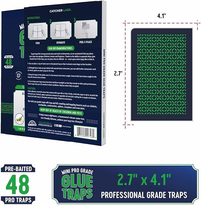 Catcher Labs Mini Insect Traps (48 Traps) | Extra Sticky Pre-Baited Glue Boards, Trap & Kill Most Crawling Insects and Bugs