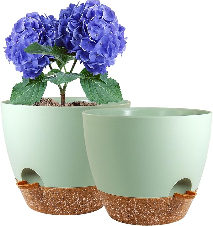 WSMKSZ 10 inch Self Watering Pots, 2 Pack Plastic Planters with Mesh Drainage Holes for Garden Plants and Flower, Plants Pots with Deep Reservoir for Indoor Outdoor Plants, Green with Brown