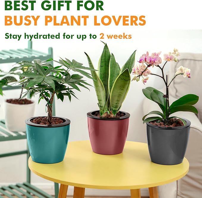 Planterhoma 5 Inch Self Watering Pots for Indoor Plants, 12 Packs African Violet Pots with Indicator, Black Wick Pot with Drainage Holes, Self Watering Planters for Orchid, Devil's Ivy, Black