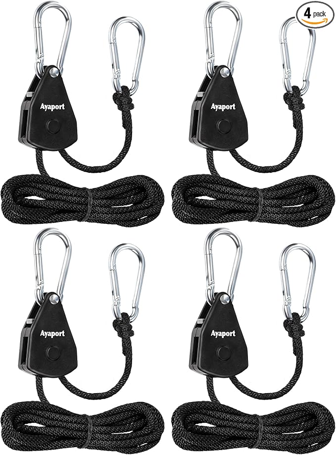 Ayaport Adjustable Rope Hanger Grow Light Hanger, 12Ft 1/8" Heavy Duty Plant Pulley Rope Tightener Ratchet Tie Down for Kayak, Tarp, Tent Tie Downs, 4 Pack