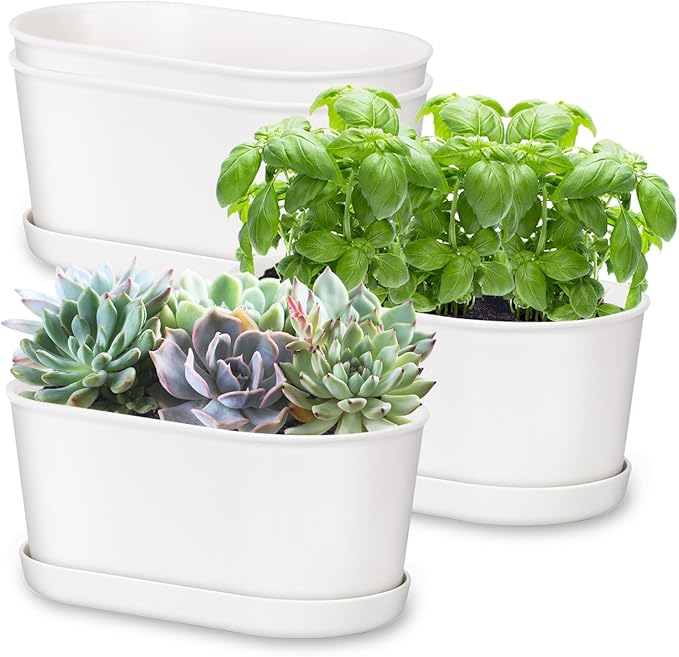 Oliz Set of 4 White Oval Window Sill Planters with Drainage Holes and Trays（7 Inch） for Herbs Basil Orchids Succulents, Modern Herb Garden Planter for Indoor/Outdoor Plants