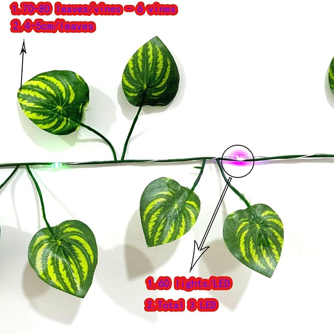 6 Pcs Artificial Hanging Plants Watermelon Leaf Vines With 60 Warm Lights,Watermelon Vine Leaves,Fake Plant Vine Hanging Garland for Wall,Party Wedding,Home,Kitchen,Indoor and Outdoor Decoration