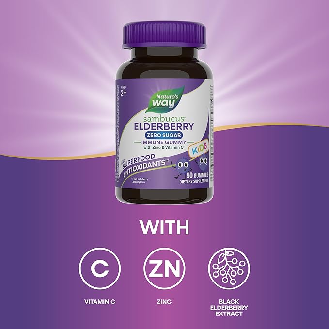 Nature's Way Sambucus Elderberry Zero Sugar Immune Gummies for Kids, Daily Immune Support*, Superfood Antioxidants(1), Black Elderberry Extract, Vitamin C, Zinc, Plant-Based Sweeteners, 50 Gummies