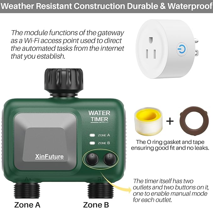 Smart Sprinkler Timer 2 Zone with Gateway, WiFi Water Timer with Rain Delay, Manual& Automatic Watering System for Garden Hose Faucet, App& Voice Control, Outdoor Hose for Yards Lawns