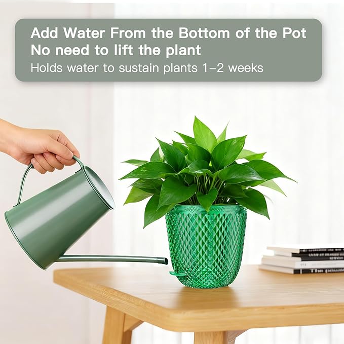 QCQHDU Self Watering Hanging Pots, 2 Pack 5.7 Inch Hanging Planters for Plants Indoor, Flower Pots with Drainage Holes and 3 Hooks Chains for Garden Home (Emerald)