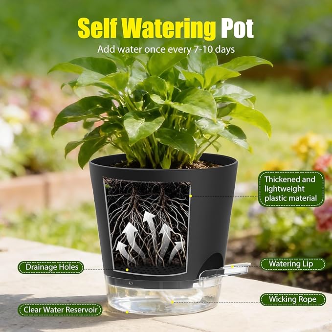 Plant Pots 7 Inch Self Watering Pots, 6 Pack Plastic Planters with Drainage Holes and Clear Saucers,Plastic Flower Pots for Indoor Out Door Plants (Black)