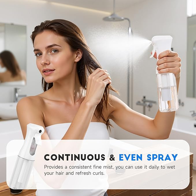3 Pack Spray Bottle for Hair - Continuous Hair Spray Bottles Refillable Mister Sprayer for Hairstyling, Plants, Pets, Skincare, Cleaning (10.1 OZ/300ML, White)