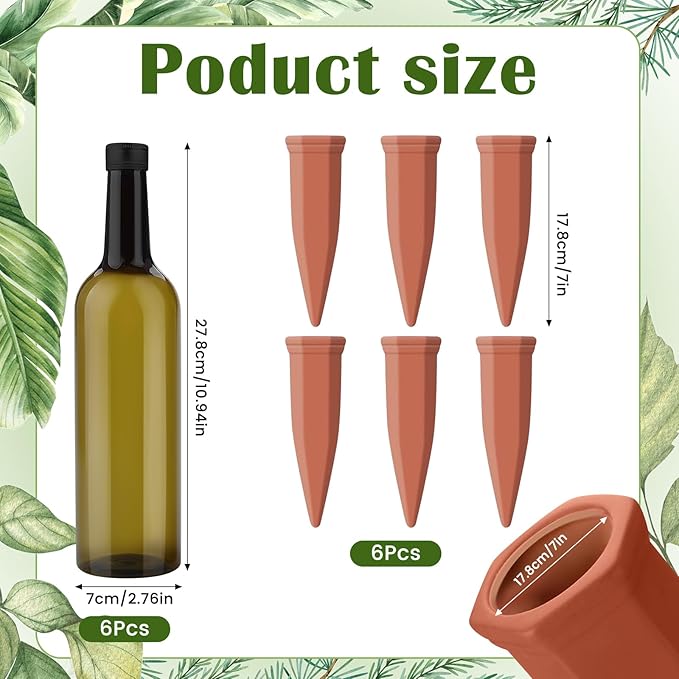 12 Pcs Self Watering Spikes for Plants Terracotta Automatic Plant Waterer Stakes with(25.5 Oz) Plastic PET Bottles, 6 Set Self Watering Globes Keep Plants Watered for 7-9 Days (6, Green)