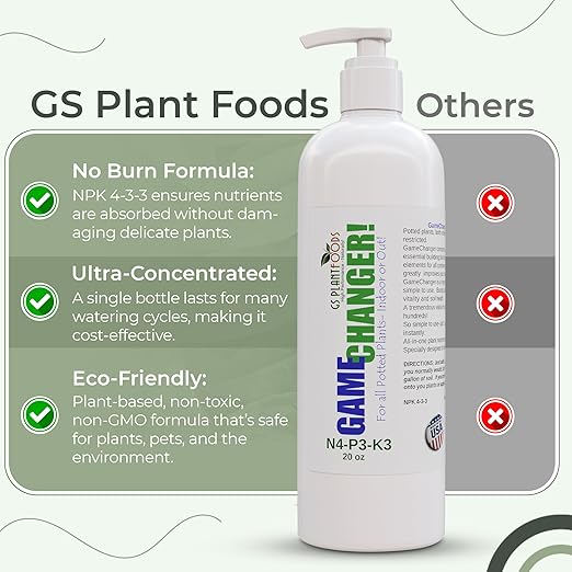 GS Plant Foods Game Changer - 100% Plant-Based Liquid Fertilizer 4-3-3 – for Organic Growing, Odor-Free, Easy Squeeze Bottle, Vegan – Indoor & Outdoor Plants - 20 Ounces