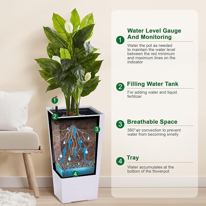 GarveeLife 22.5 in Tall Planters Set of 2, Outdoor＆Indoor Black Planter Pots, High Front Porch Planter Pots with Drainage Holes＆Water Level Monitor＆Inner Bucket, Automatic Watering, White