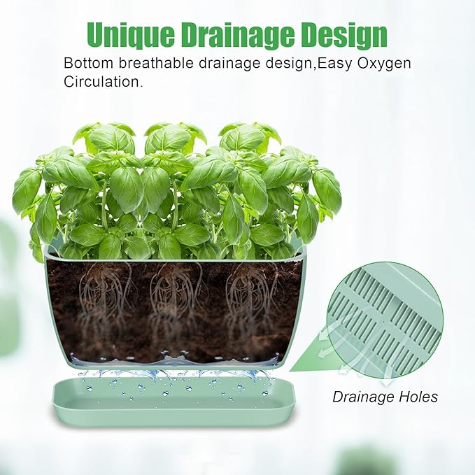 Oliz 6 Set Window Herb Planter Box Rectangular, Green Plastic Planters with Multiple Drainage Holes and Trays,Indoor Succulent Cactus Mint Flower Pot for Windowsill, Garden Balcony