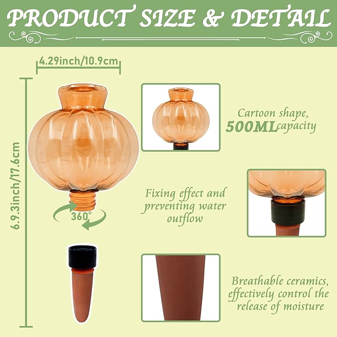 Self Watering Spikes 2 Pack, 16.9oz Large Capacity Plant Watering Globes, Up to 2 Weeks Automatic Watering, Terracotta Irrigation Device for Indoor Plants (Orange Lantern Design)