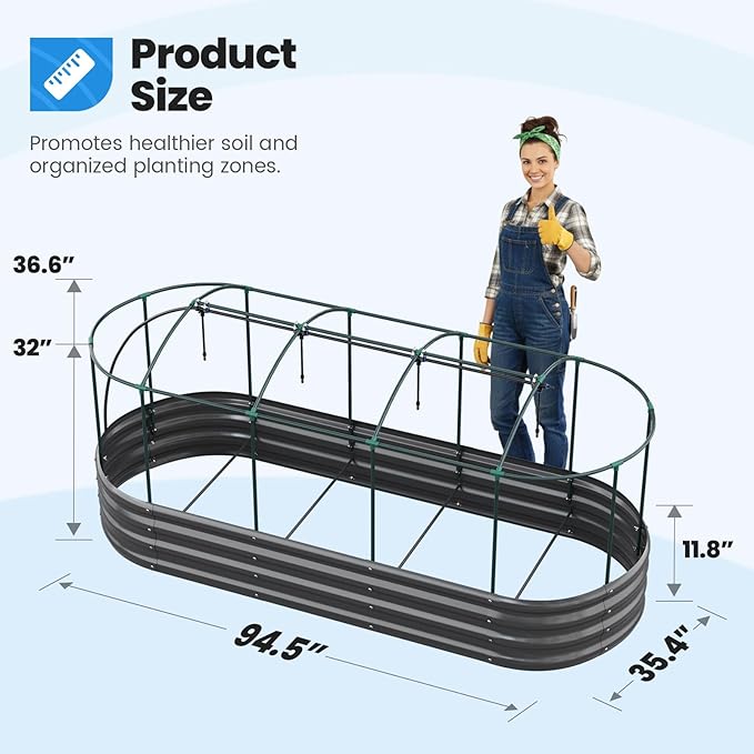 Quictent Galvanized Raised Garden Bed Kit with Self Watering System and Mesh Cover, Large Oval Metal Outdoor Planter Garden Boxes for Vegetables Herbs Flowers, 8x3x1Ft