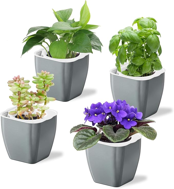Oliz 4 Pack Self Watering Pots 4-inch Decorative Flower Planters for Indoor Plants Modern Square planters for Small Plants Window Sill Planters for Succulents, African Violets, Herbs(Sliver Black)