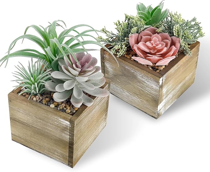 Der Rose 2 Pack Fake Plants Succulents Plants Artificial Cactus Plants in Wood Pots with Pink Flowers for Farmhouse Bathroom Decor