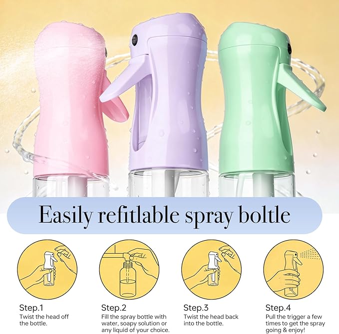 3Pcs Continuous Spray Bottles For Hair,Ultra Fine Mister for Hair Styling, Plants, Cleaning, Salon, Misting & Skin Care（200ml/6.8oz Green+Pink+Purple）