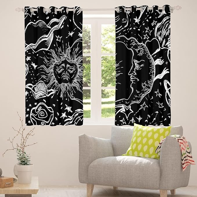 Feelyou Sun and Moon Window Drapes Bohemian Style Curtains Kids Room Decor Boys Girls Galaxy Window Treatments Cosmic Celestial Window Curtains Bedroom Living Room 38W X 45L，2 Panels