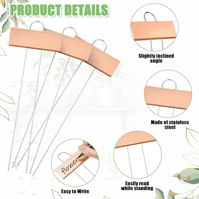 Maitys 62 Pcs Metal Garden Markers Plant Label Stakes Outdoor Weatherproof 10.6 Inch Stainless Steel Nursery Tags Bulk with Pens (Rose Gold Label with Black Ink)