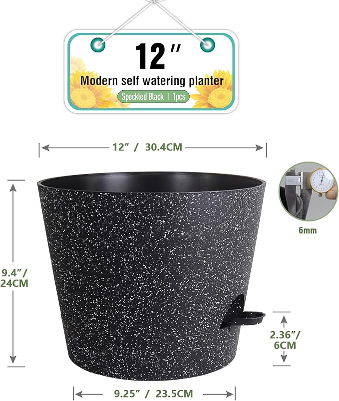 Meowell 12 inch Large Self Watering Pots, Plant Pots with Mesh Drainage Holes for Indoor Outdoor Plants, Plastic Planters with Deep Reservoir for Garden House Flower Plants, Speckled Black