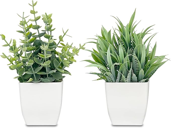 2 Pack Artificial Potted Plants Small Fake Eucalyptus - 7.5 Inch Mini Indoor Plants for Shelf, Desk, Bathroom Decor, Mantel Real Touch Faux Greenery (Sage Green)