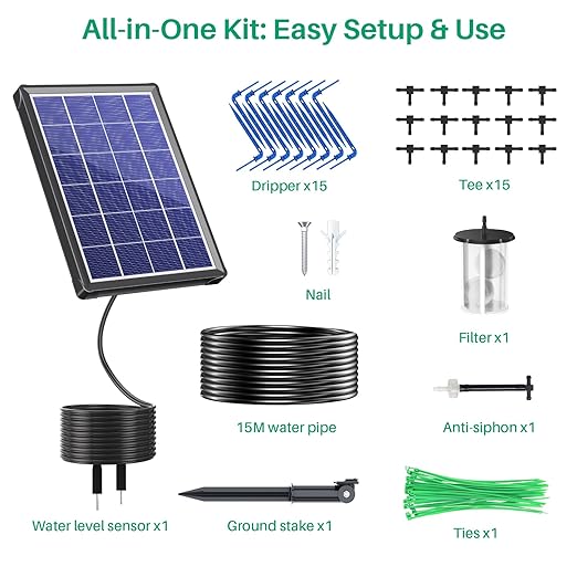 NFESOLAR 4W Solar Automatic Drip Irrigation Kit with LCD Timer, Customizable Watering Duration 1–30min & Interval 3h–7d, Anti-Siphoning Device for Potted Plants, Balcony, Garden, Patio, Vacation