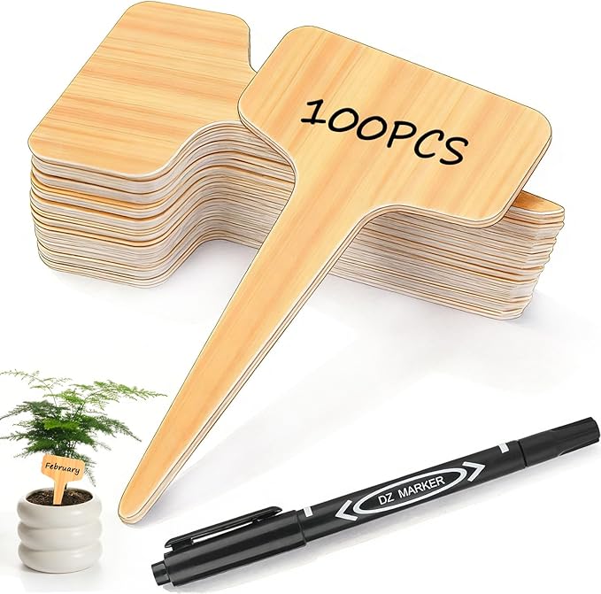 Wanateber 100 Pcs Plastic Plant Labels & Garden Markers with Marking Pen, Waterproof T-Type Plant Tags for Seed Starting, Herb Garden, Vegetable Gardening, Potted Plants & Outdoor Use