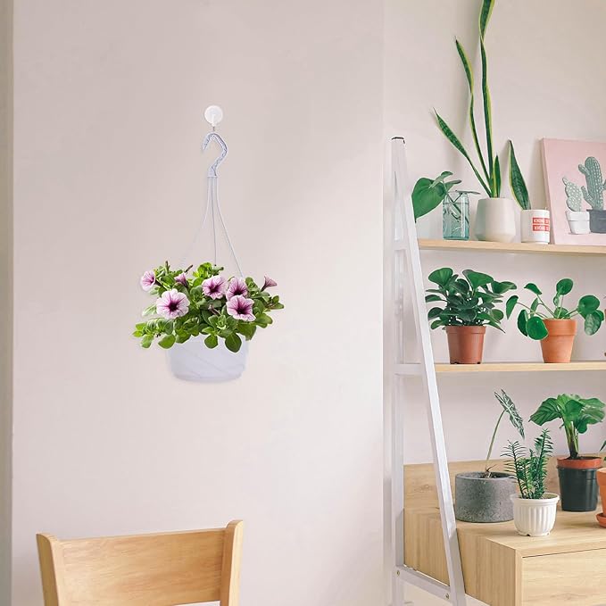 DOITOOL 10 Sets Hanging Planter Basket with Drainage Hole Round Flower Plant Pot Fence Railing Wall Planter for Ferns Ivy Crawling Plants Indoor Outdoor White