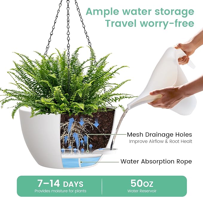 UOUZ 13 Inch 2 Pack Large Self Watering Hanging Planters for Indoor Outdoor Plants, Hanging Plant Pots with Removable 50 Oz Reservoir, Plastic Hanging Basket for Window Porch Garden, White