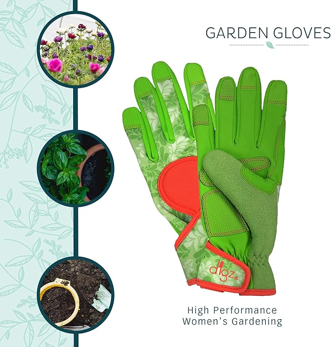 DIGZ 7652 Signature High Performance Women's Gardening Gloves, Work Gloves with Touchscreen Compatible Fingertips, Green Leaves Pattern, Medium