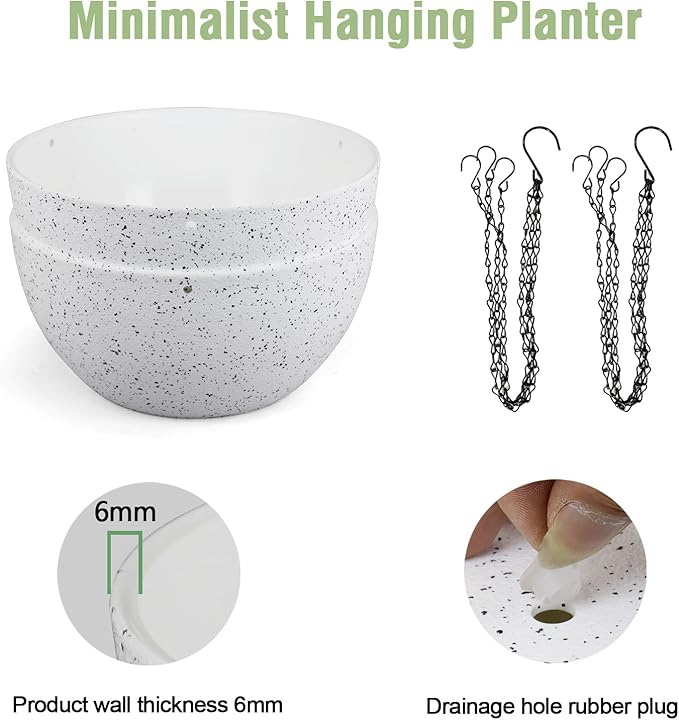 Meowell 12 inch Large Hanging Planters for Indoor Outdoor Plants, 2 Pack Hanging Flower Pots with Drainage Holes and Chain for Garden Porch, Plastic Hanging Baskets for House Plants, Speckled White