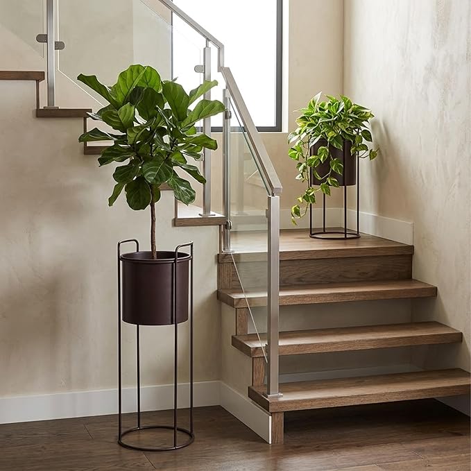 TRIROCKS Set of 2 Planters with Stand Large Metal Planter for Indoor Plants 28 &18" H Plant Pots for Living Room Corner Kitchen Office Garden Balcony Patio Decor(Brown)
