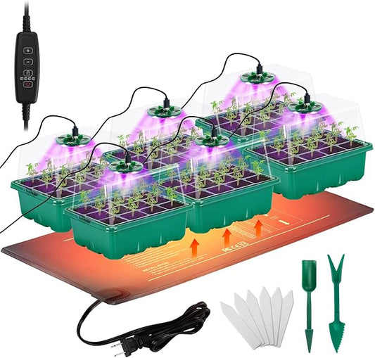 Apipi Seed Starter Tray with Grow Light & Heat Mat- 6 Pack 72 Cell Durable Easy Use Seed Starter Kit for New Gardener, Rapid Seedling Germination Kit with Humidity Domes for Plant Growing Propagation
